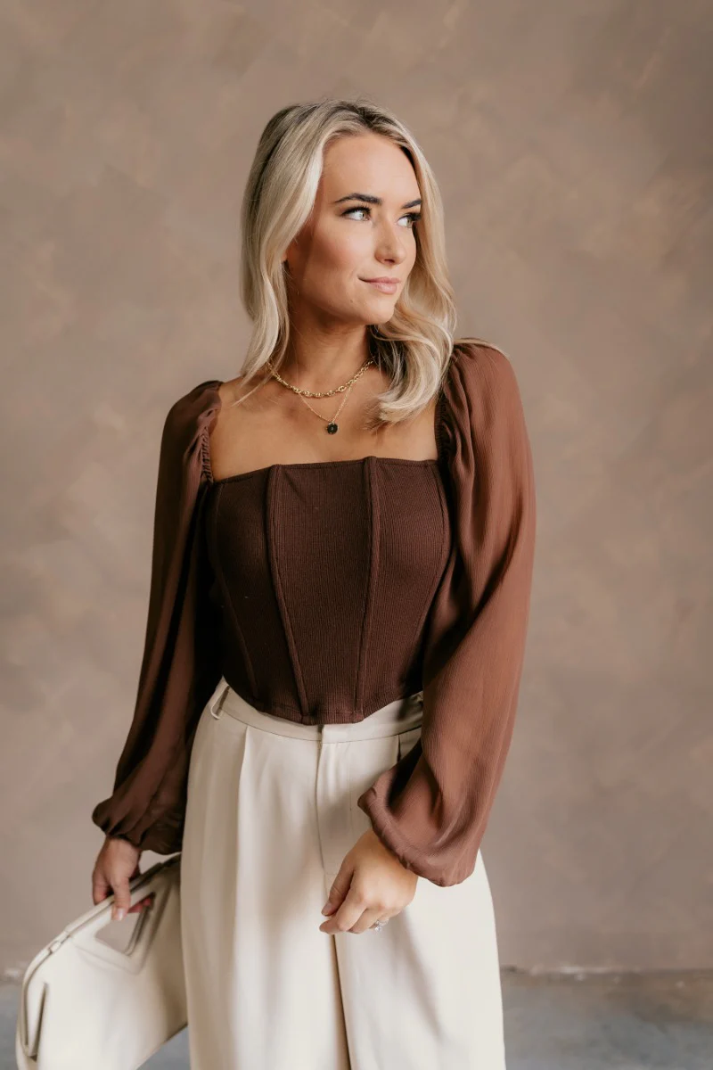 Andrea Brown Long Sleeve Cropped Corset Top - Image 3