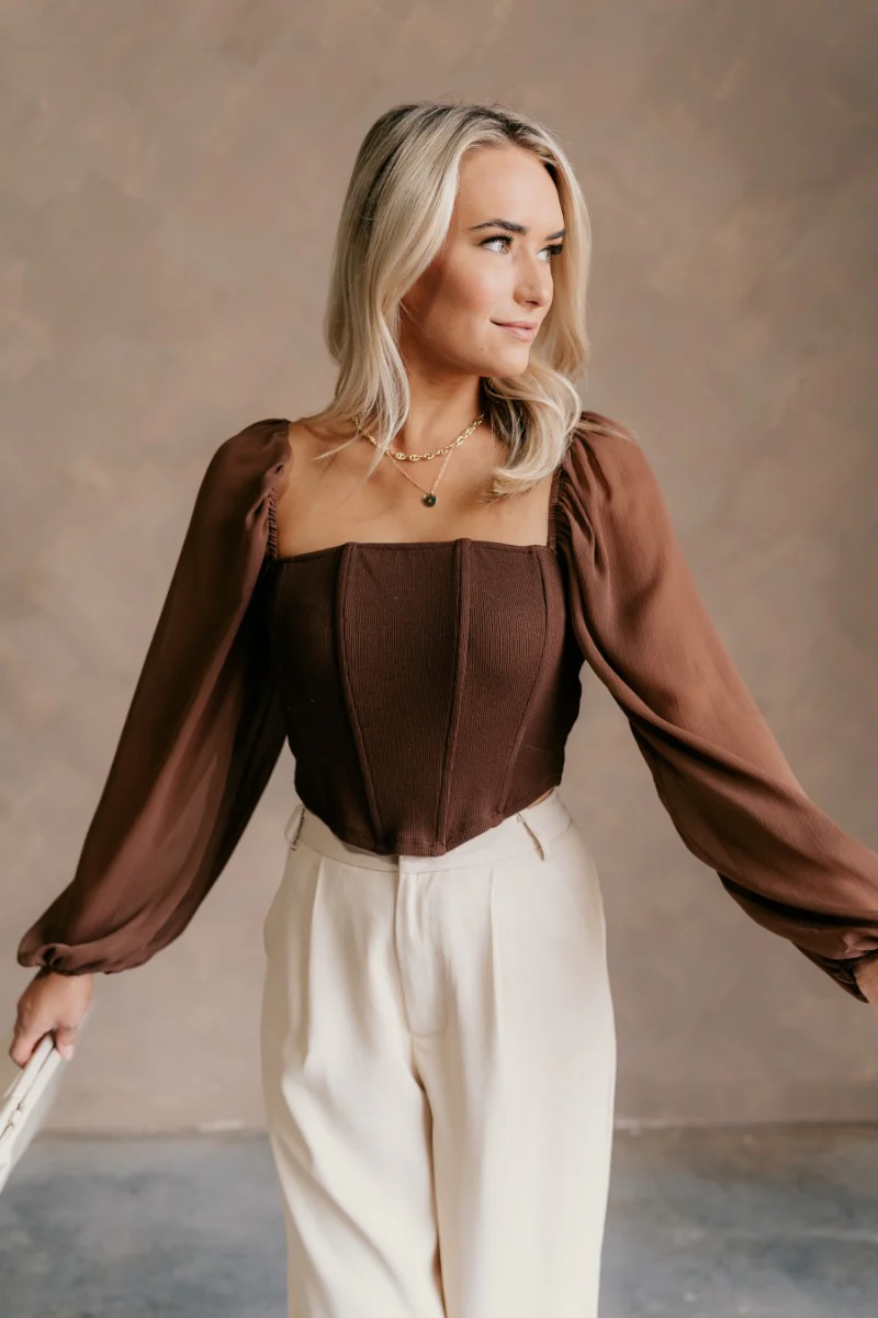 Andrea Brown Long Sleeve Cropped Corset Top - Image 4
