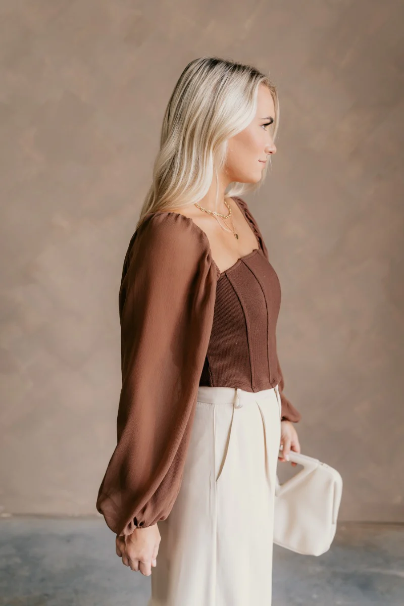 Andrea Brown Long Sleeve Cropped Corset Top - Image 5