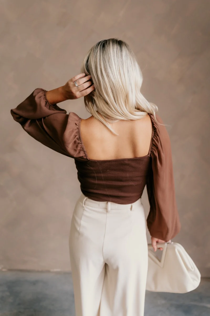 Andrea Brown Long Sleeve Cropped Corset Top - Image 8