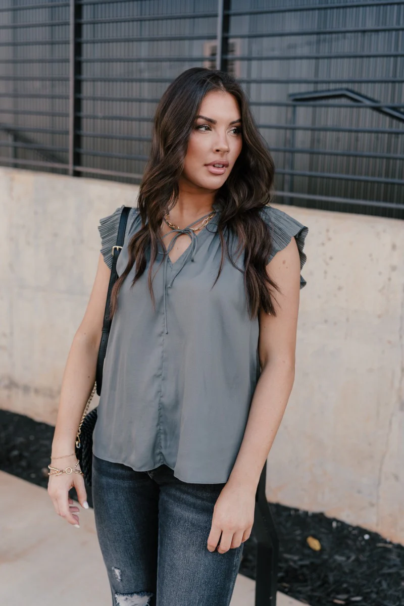Angela Charcoal Satin Pleated Top