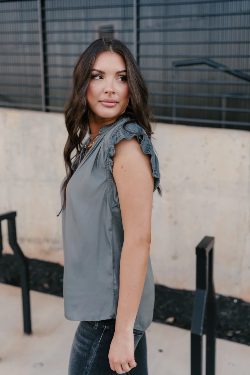 Angela Charcoal Satin Pleated Top - Image 4