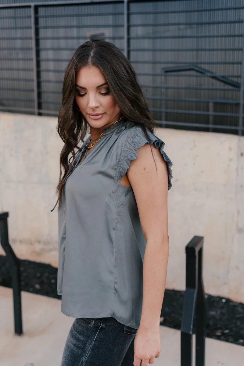 Angela Charcoal Satin Pleated Top - Image 5