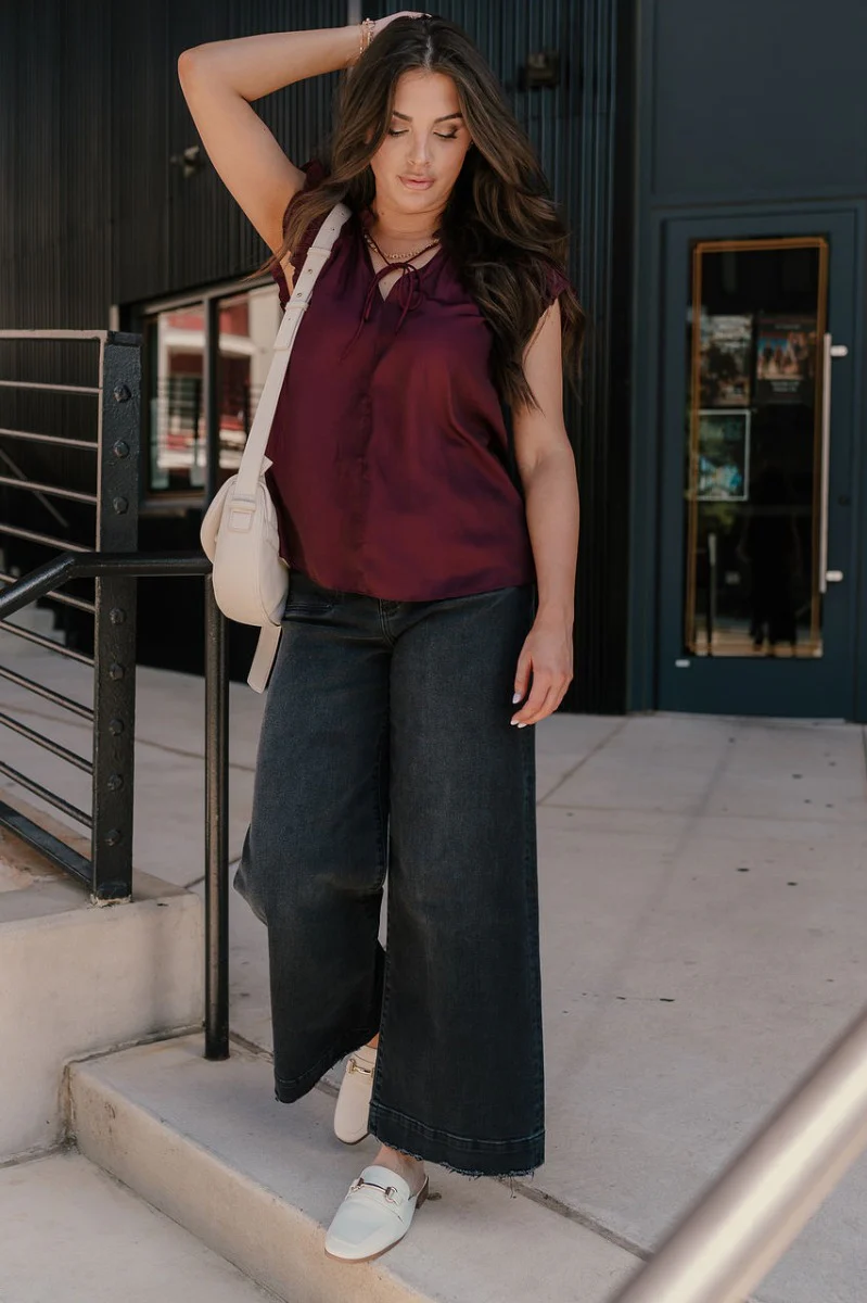 Angela Plum Satin Ruffle Short Sleeve Top - Image 2