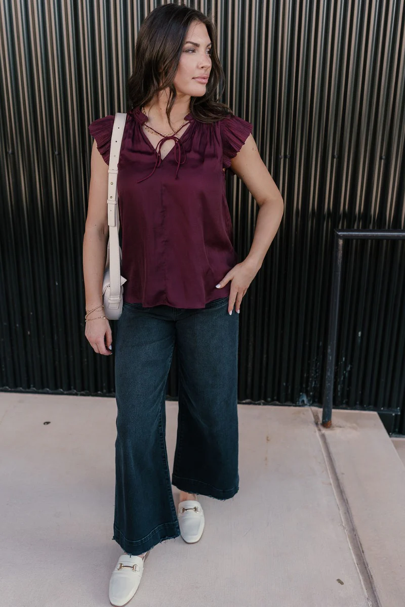 Angela Plum Satin Ruffle Short Sleeve Top - Image 3