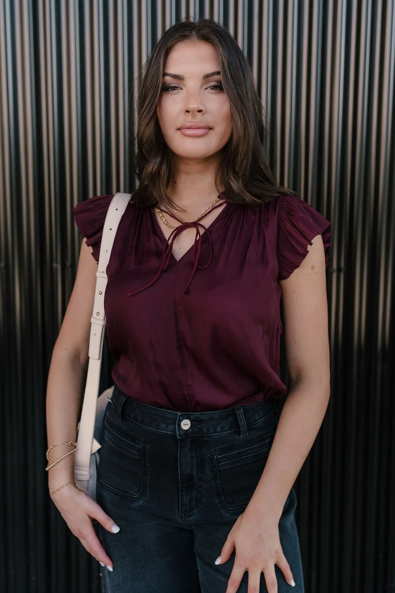 Angela Plum Satin Ruffle Short Sleeve Top - Image 4