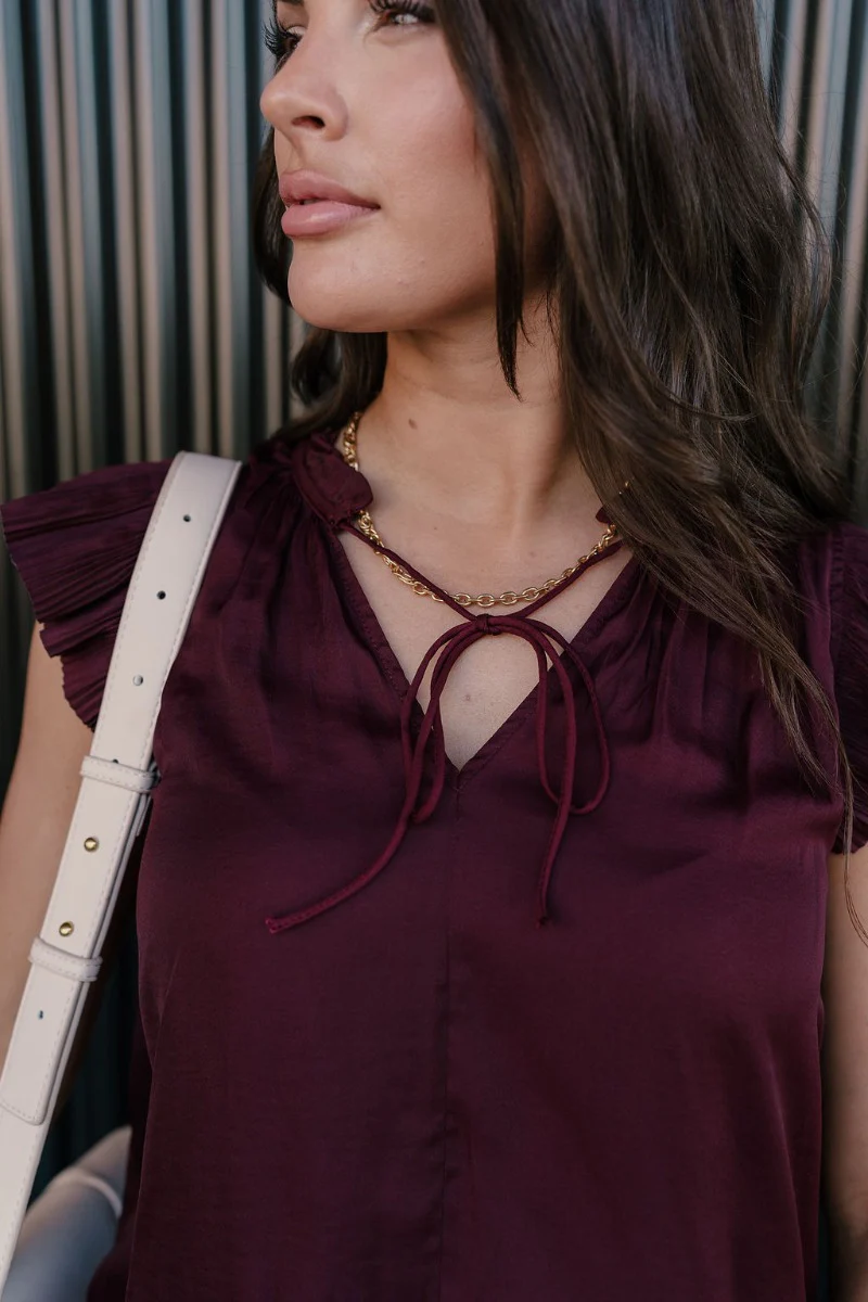 Angela Plum Satin Ruffle Short Sleeve Top - Image 5