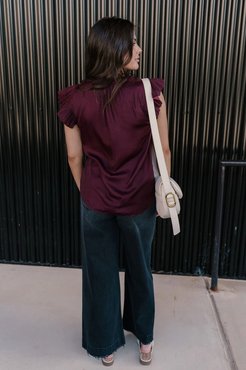 Angela Plum Satin Ruffle Short Sleeve Top - Image 7
