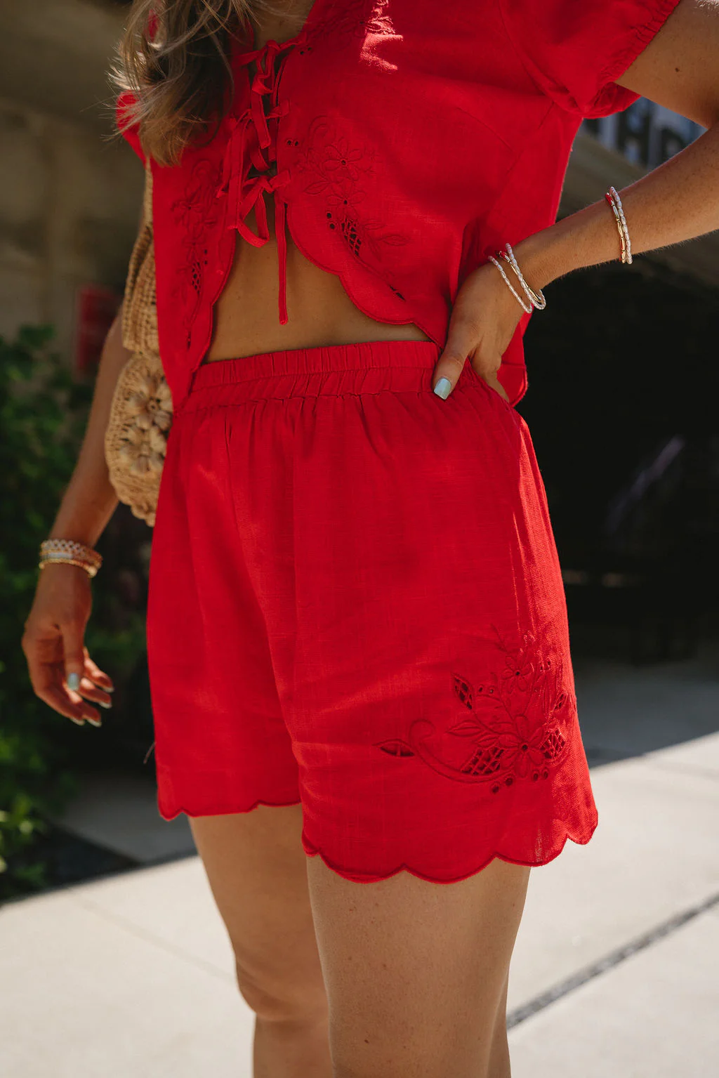 Angela Red Floral Eyelet Shorts - Image 3