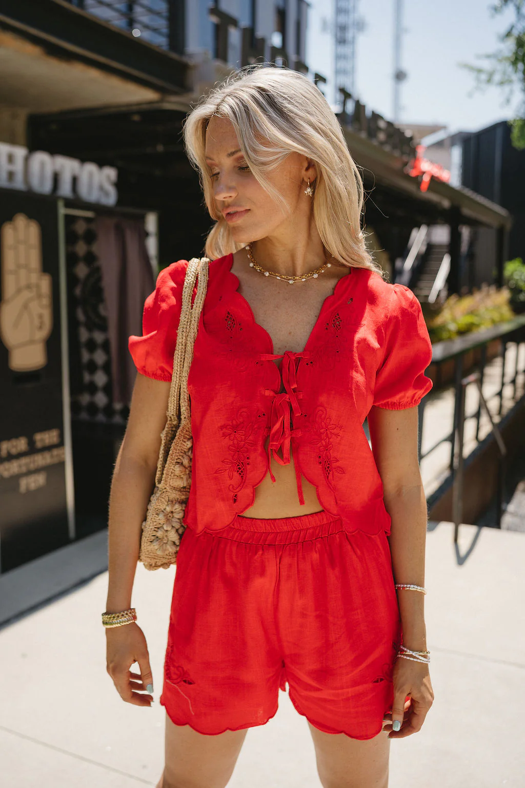 Angela Red Floral Eyelet Tie Top