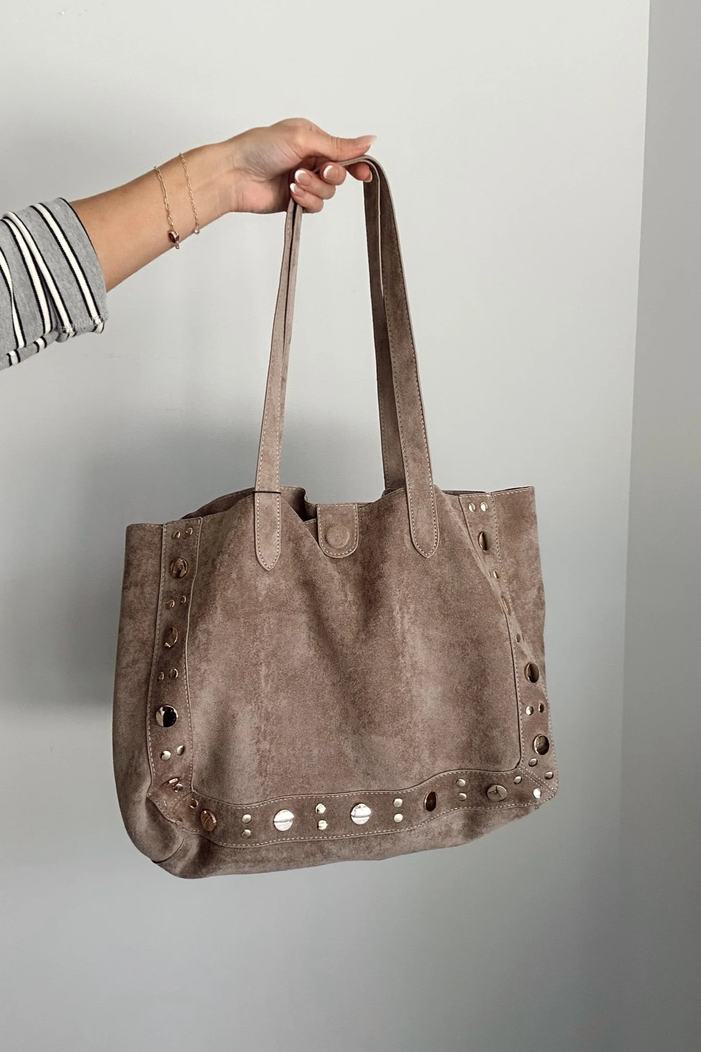 Angela Taupe Suede & Studs Tote - Image 3