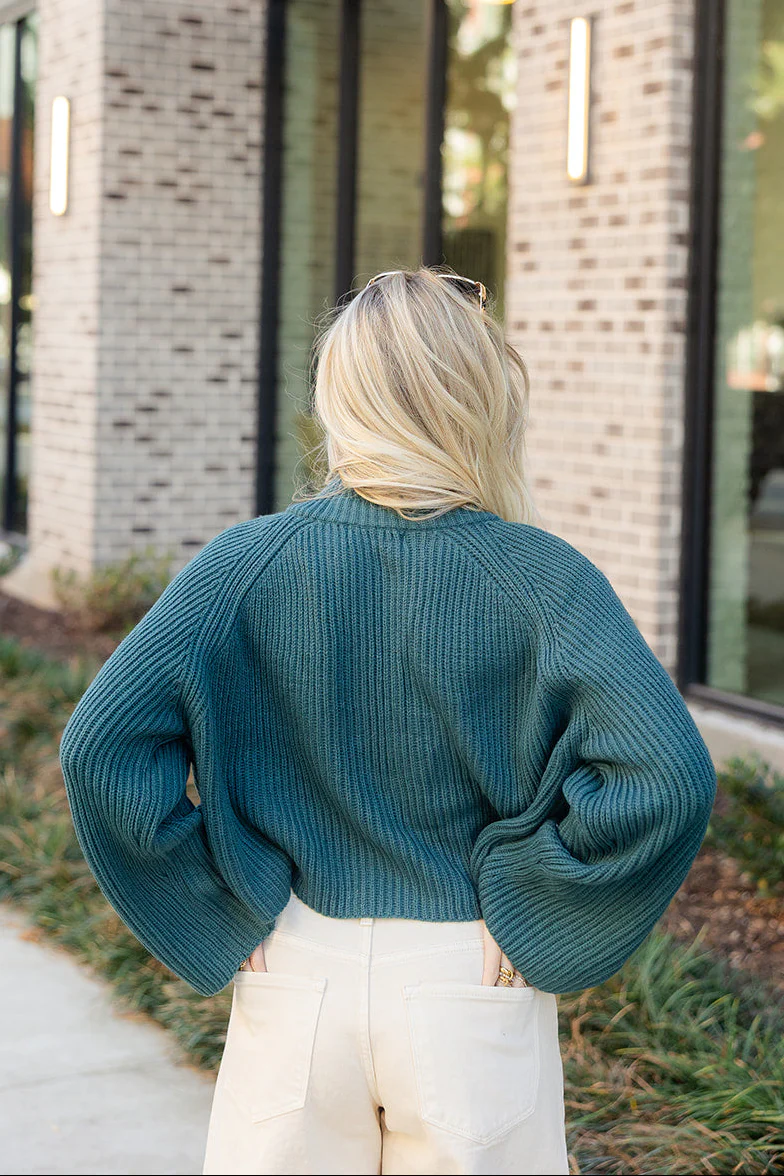 Angela Teal Knit Quarter Zip-Up Sweater - Image 4