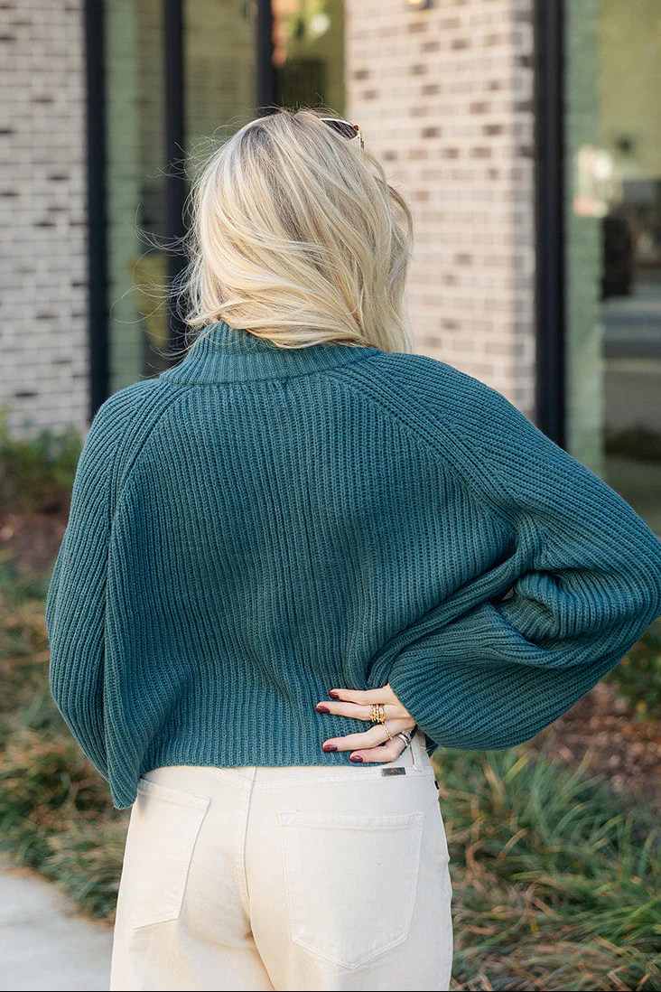 Angela Teal Knit Quarter Zip-Up Sweater - Image 7