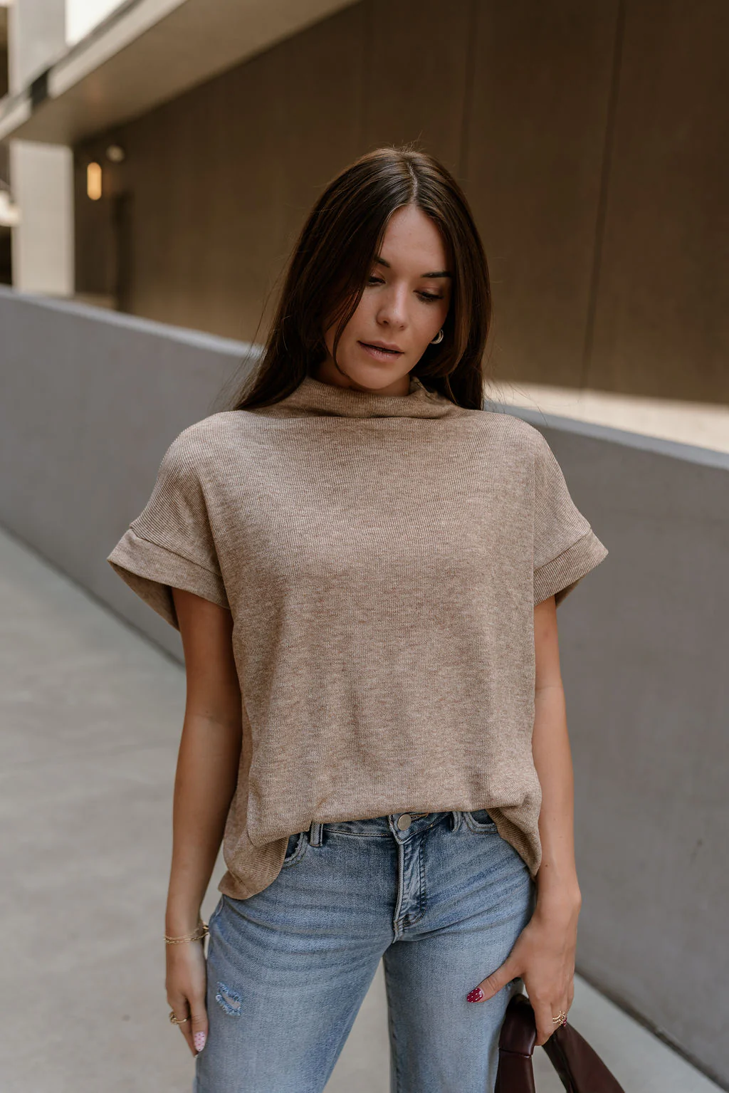 Angelina Taupe Mock Neck Top - Image 3