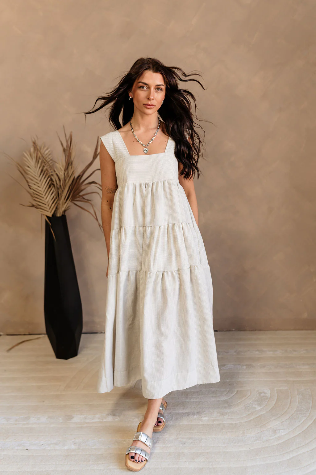 Annamarie Grey & Beige Striped Midi Dress - Image 2