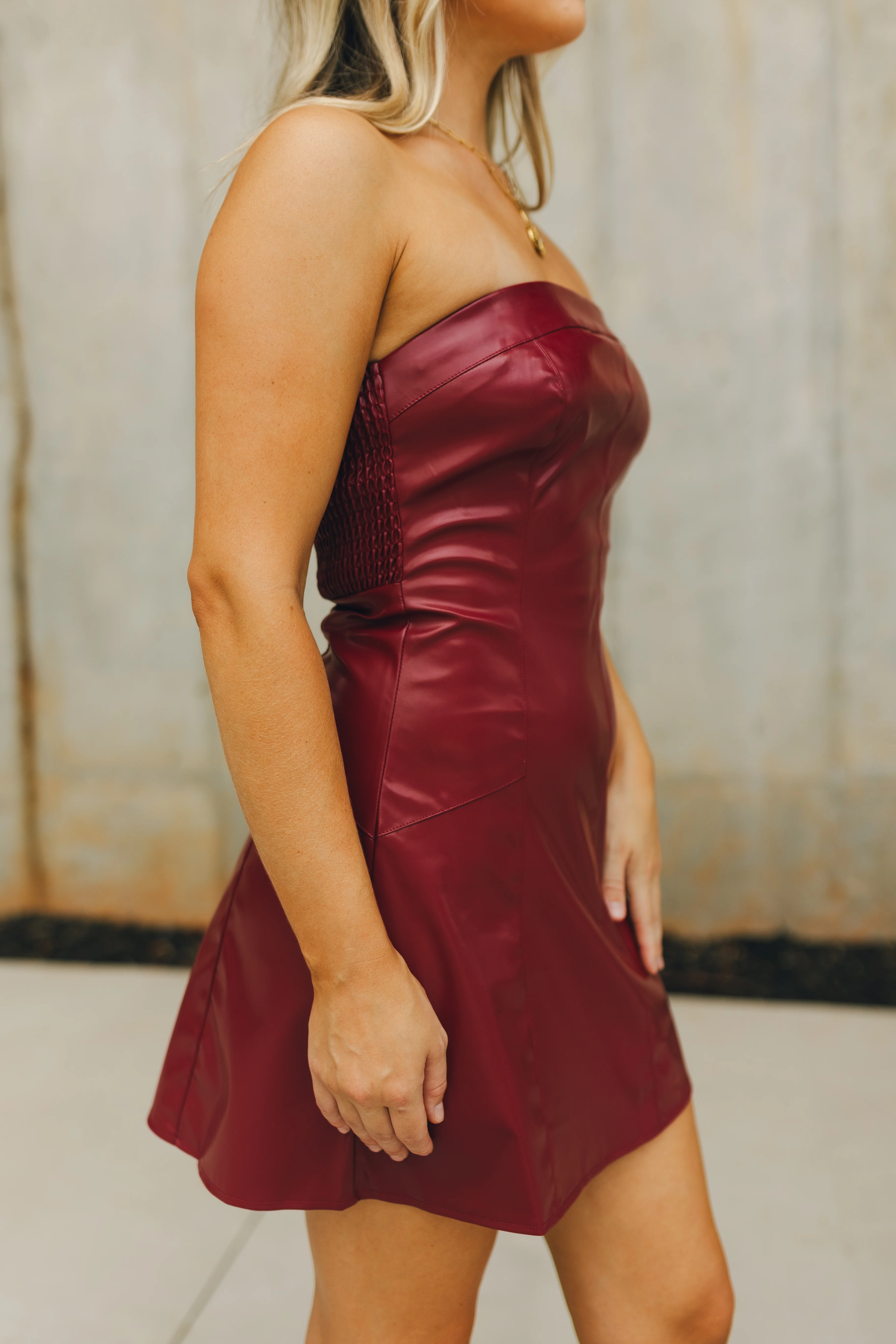 Anya Burgundy Faux-Leather Strapless Dress - Image 5