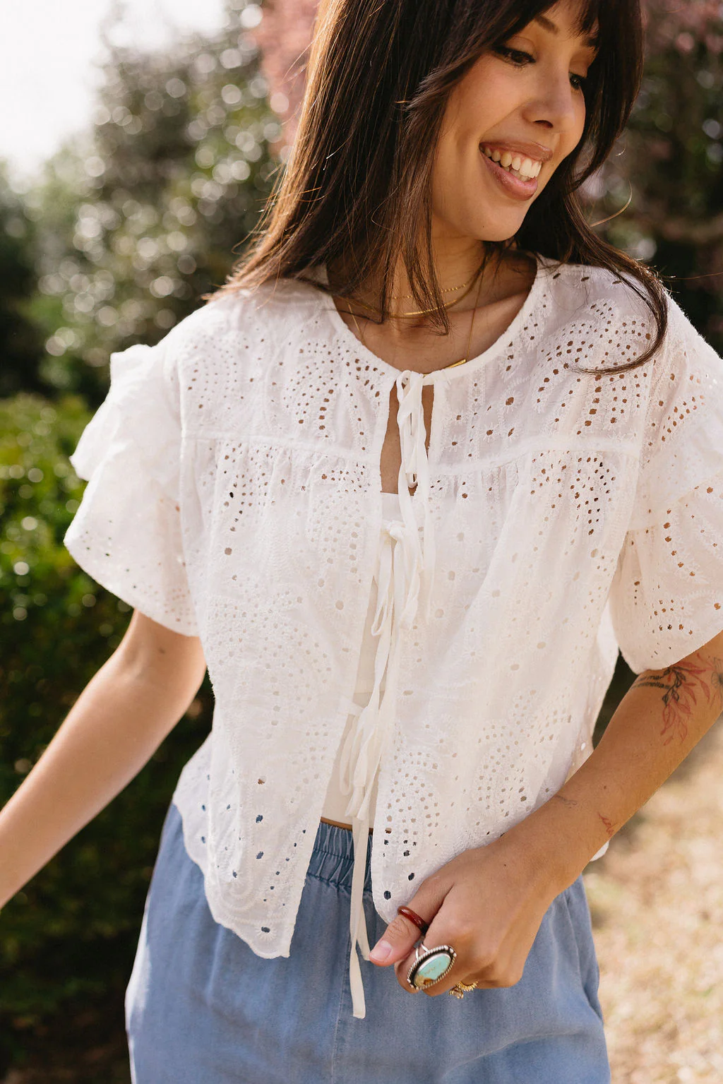 Aria White Eyelet Front Ties Top