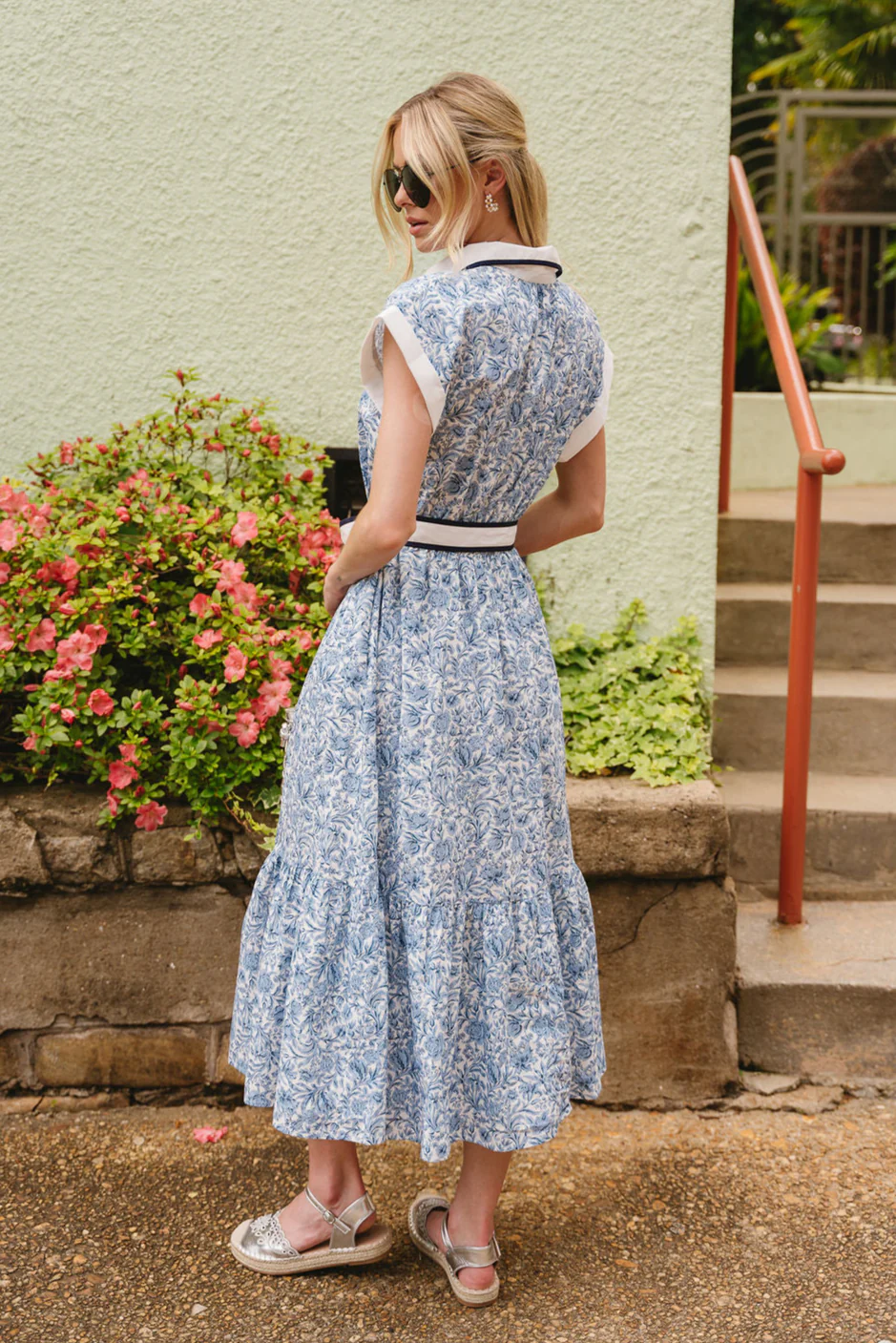 Ariana Blue & White Floral Tie Waist Midi Dress - Image 4