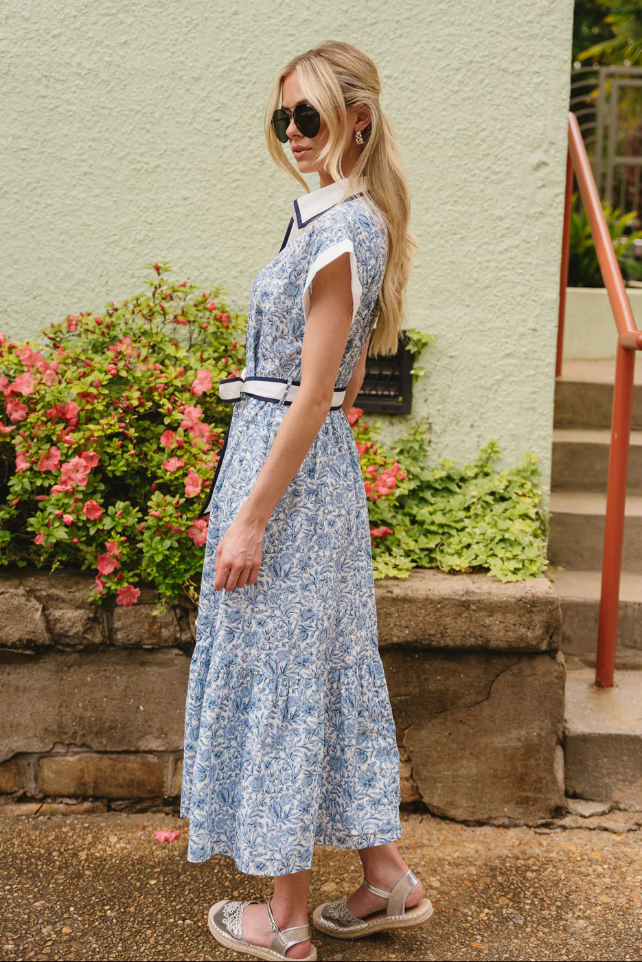 Ariana Blue & White Floral Tie Waist Midi Dress - Image 8