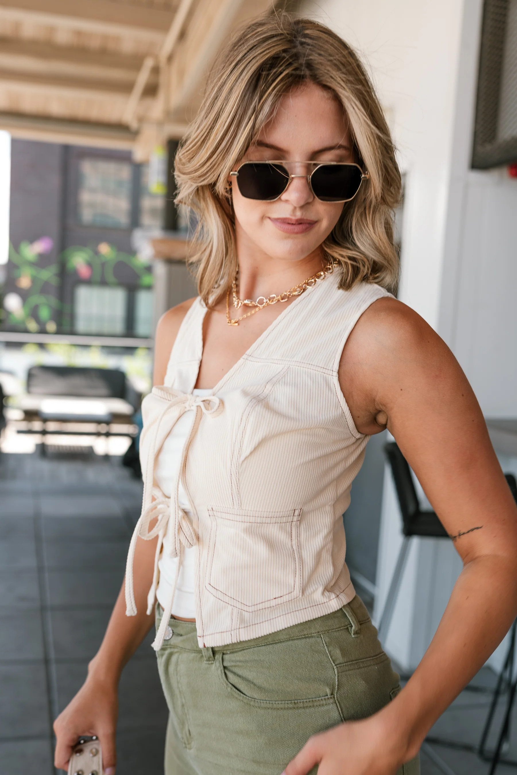 Ariana Cream Corduroy Front Tie Vest - Image 3