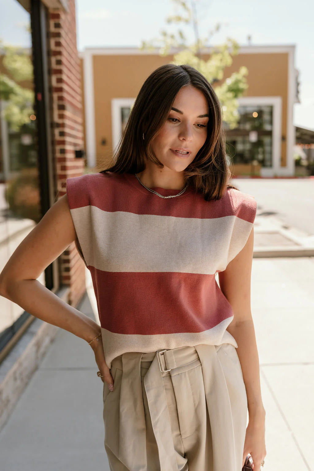 Arianna Dusty Coral & Beige Stripe Top