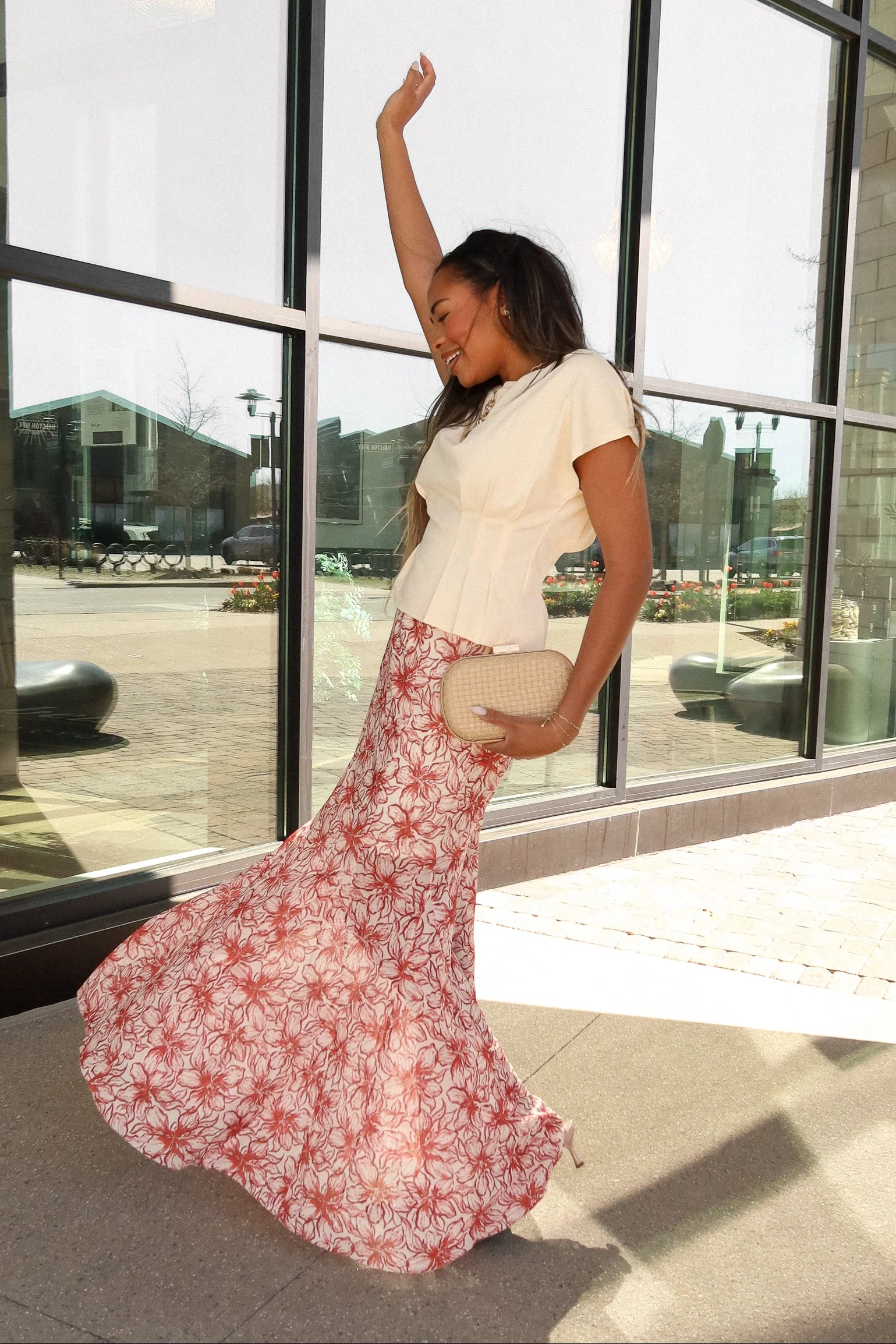 Asha Red & Cream Floral Mesh Maxi Skirt - Image 5