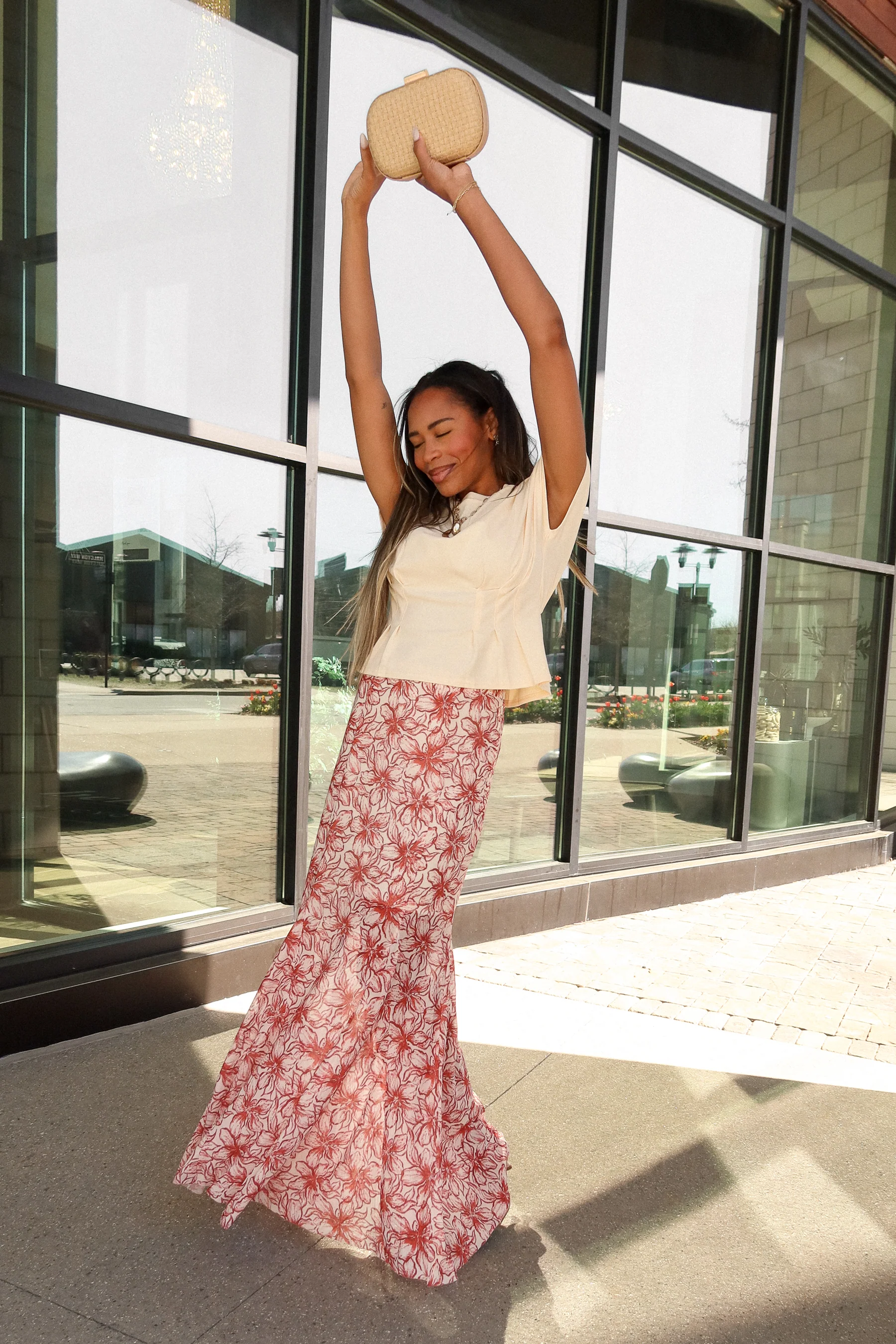 Asha Red & Cream Floral Mesh Maxi Skirt - Image 6