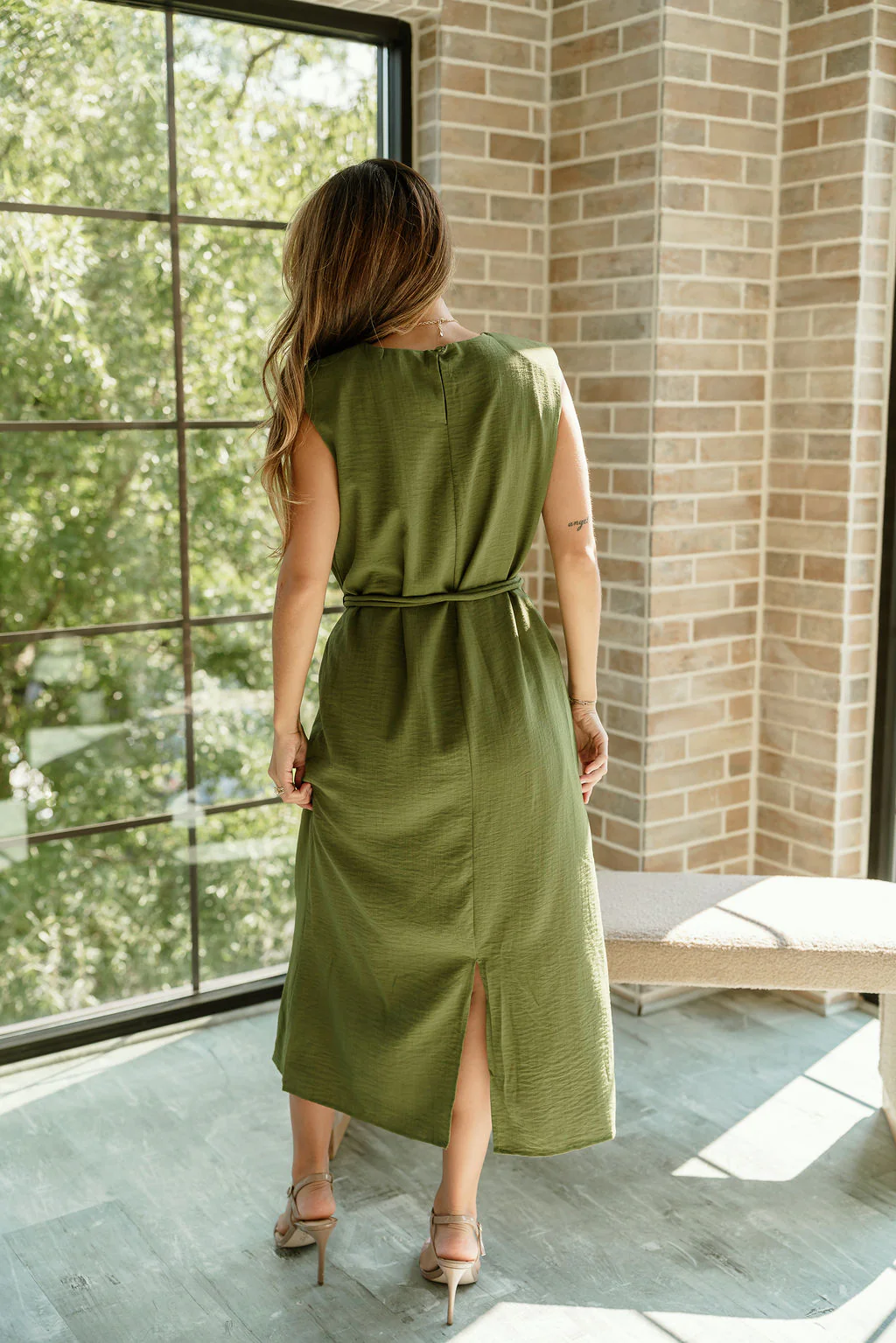Ashley Olive Green Tie Waist Midi Dress - Image 10