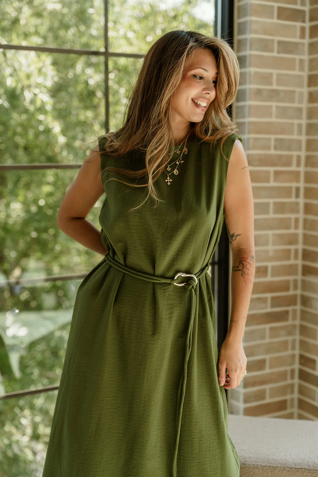 Ashley Olive Green Tie Waist Midi Dress - Image 4