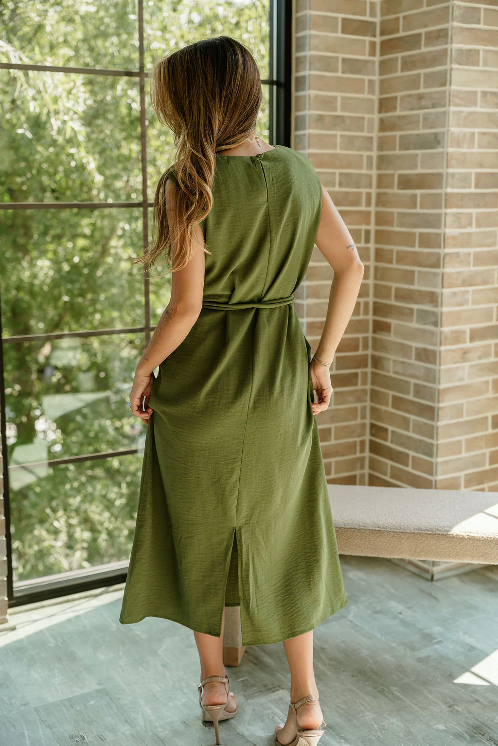 Ashley Olive Green Tie Waist Midi Dress - Image 5