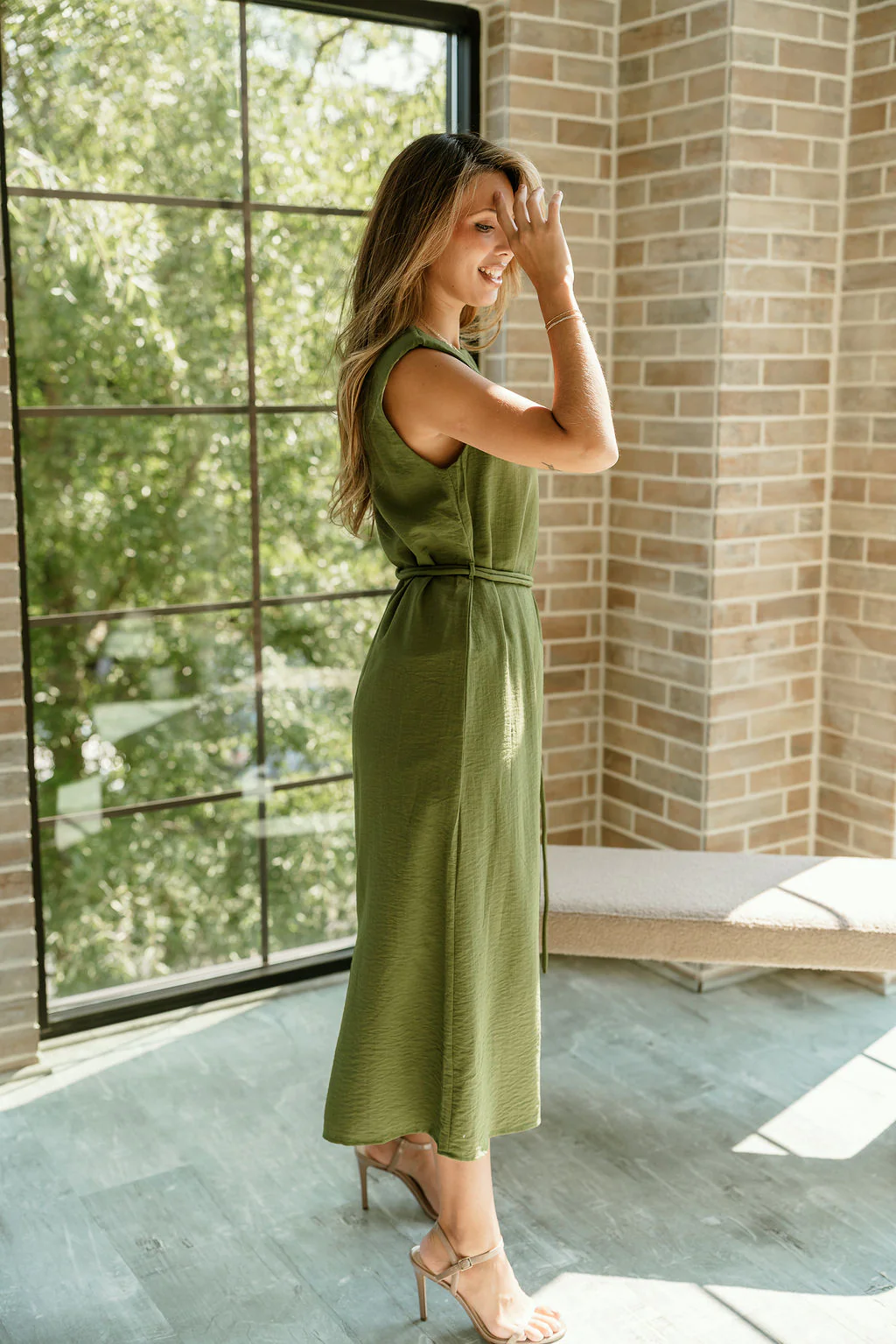 Ashley Olive Green Tie Waist Midi Dress - Image 8