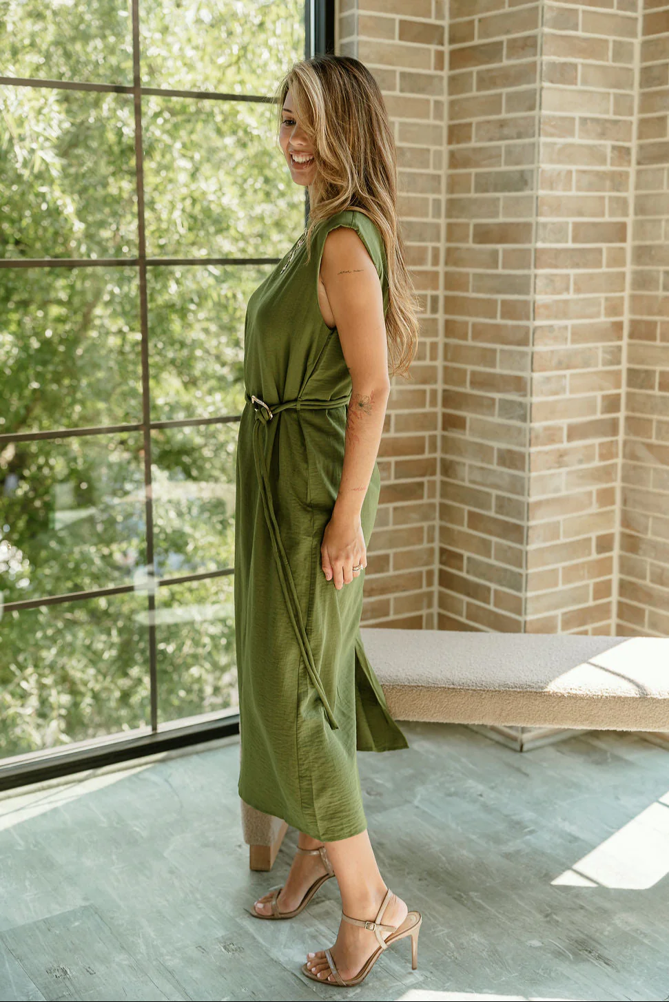 Ashley Olive Green Tie Waist Midi Dress - Image 9