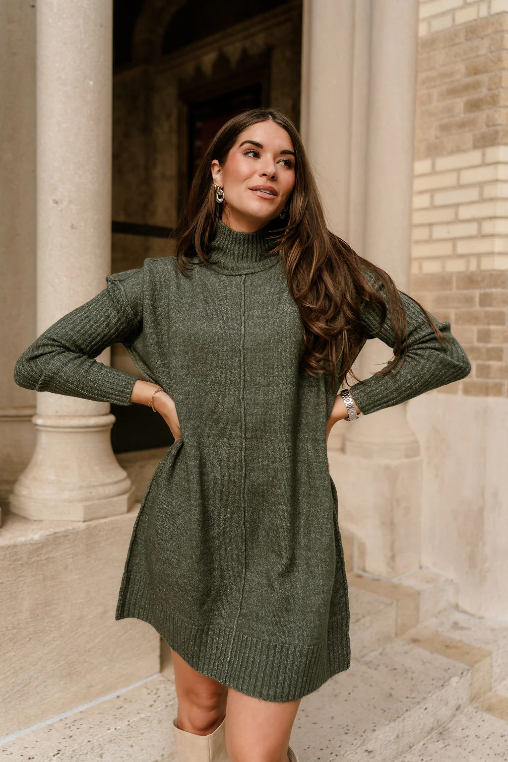 Aster Olive Green Mock Neck Sweater Dress - Image 3