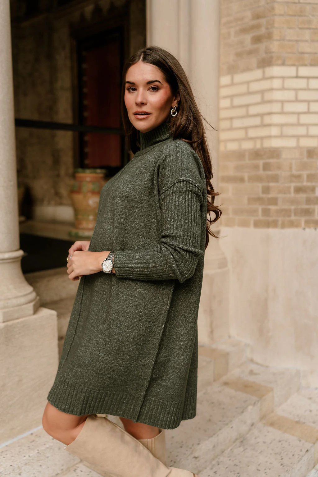 Aster Olive Green Mock Neck Sweater Dress - Image 8
