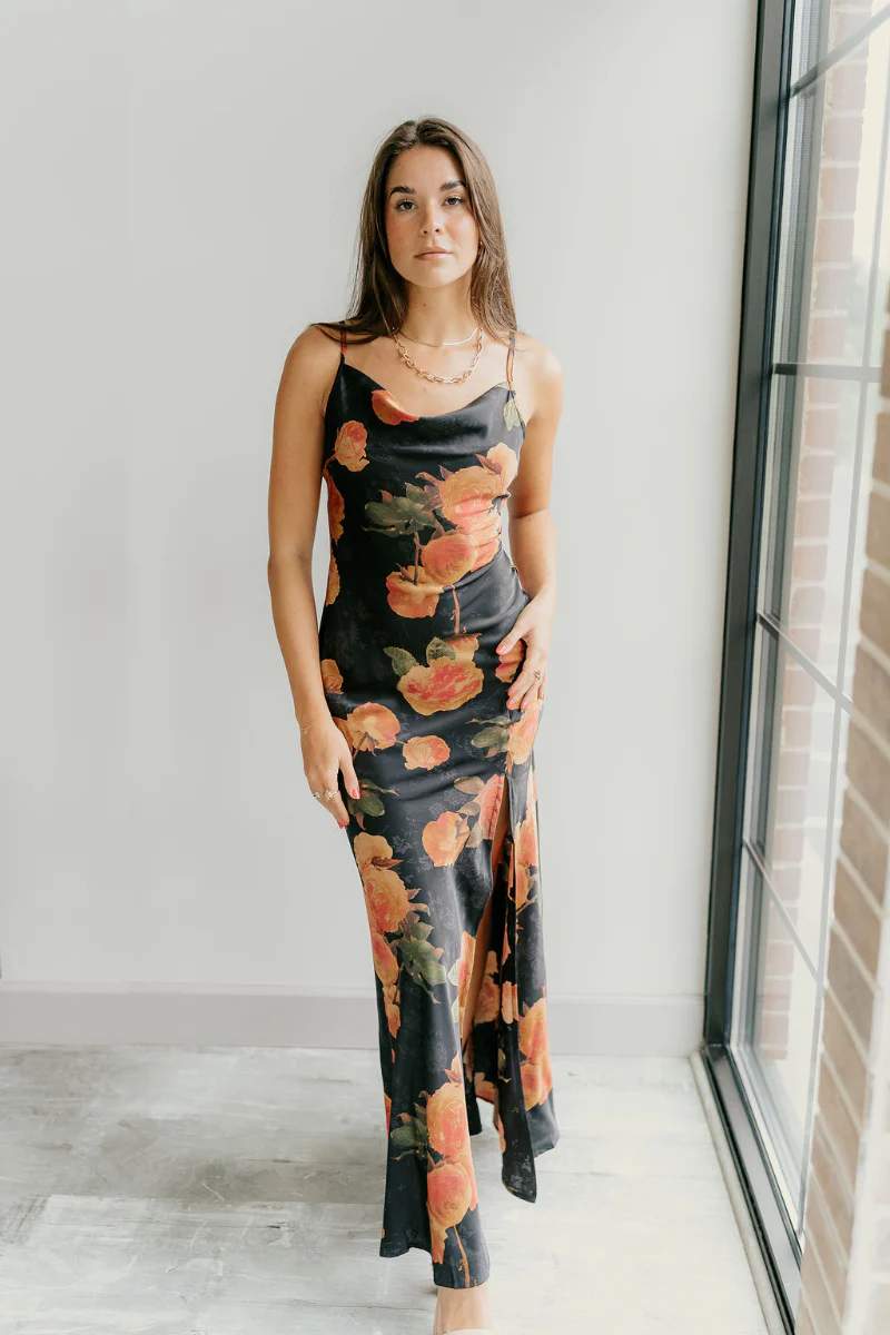 Athena Black Multi Floral Slit Maxi Dress - Image 2