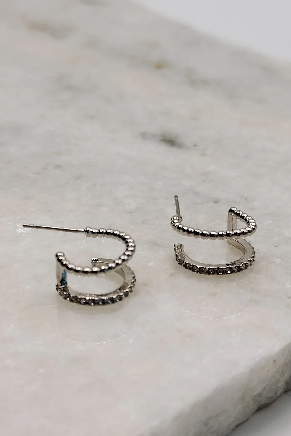 Athena Silver Mini Beads & Rhinestone Huggie Earring