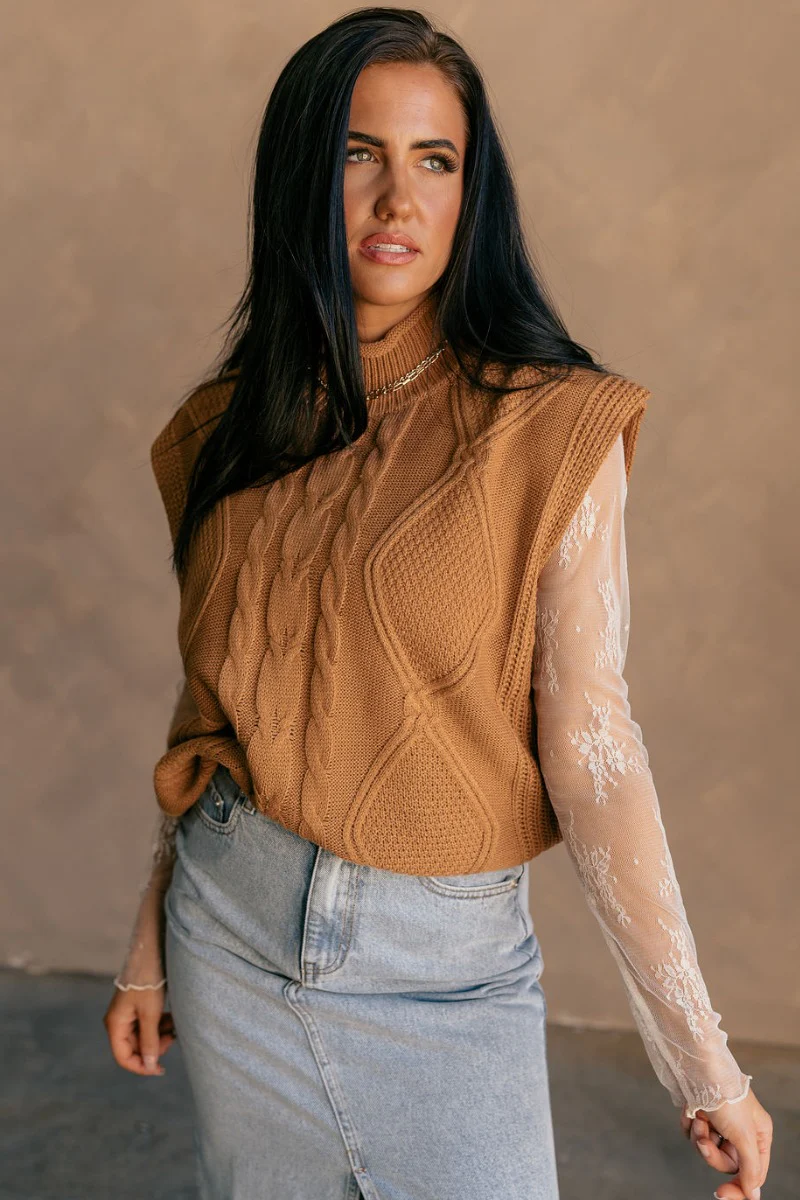 Aubrey Light Brown High Neckline Sleeveless Sweater