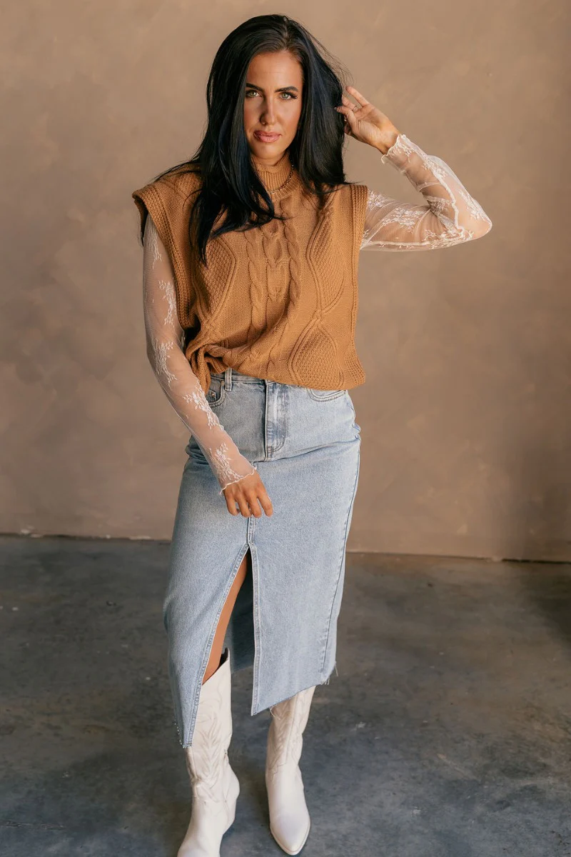 Aubrey Light Brown High Neckline Sleeveless Sweater - Image 2