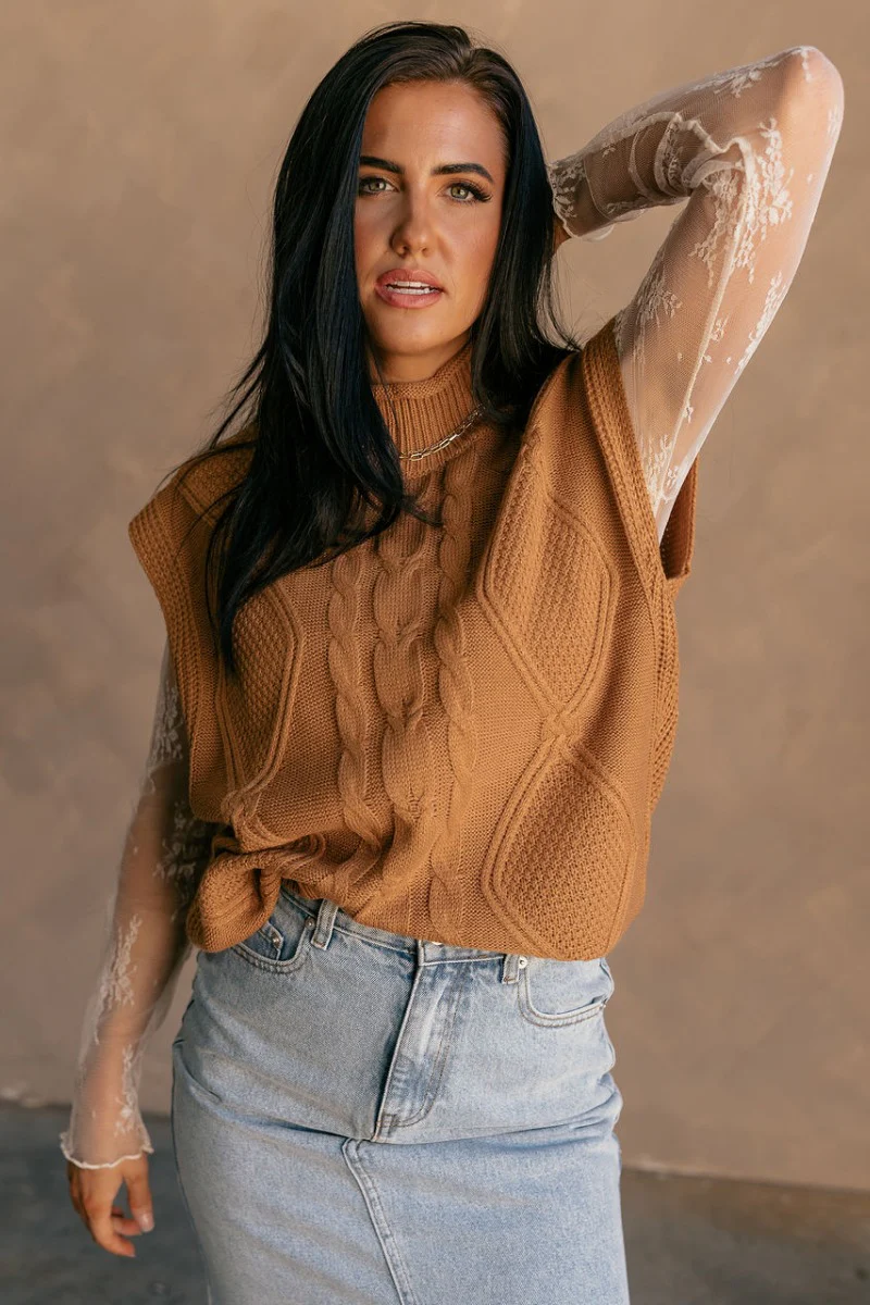 Aubrey Light Brown High Neckline Sleeveless Sweater - Image 3