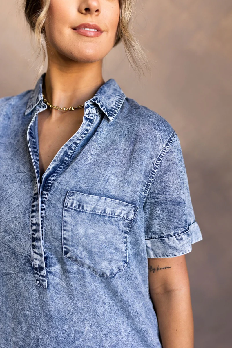 Aubrie Washed Blue Short Sleeve Mini Dress - Image 4