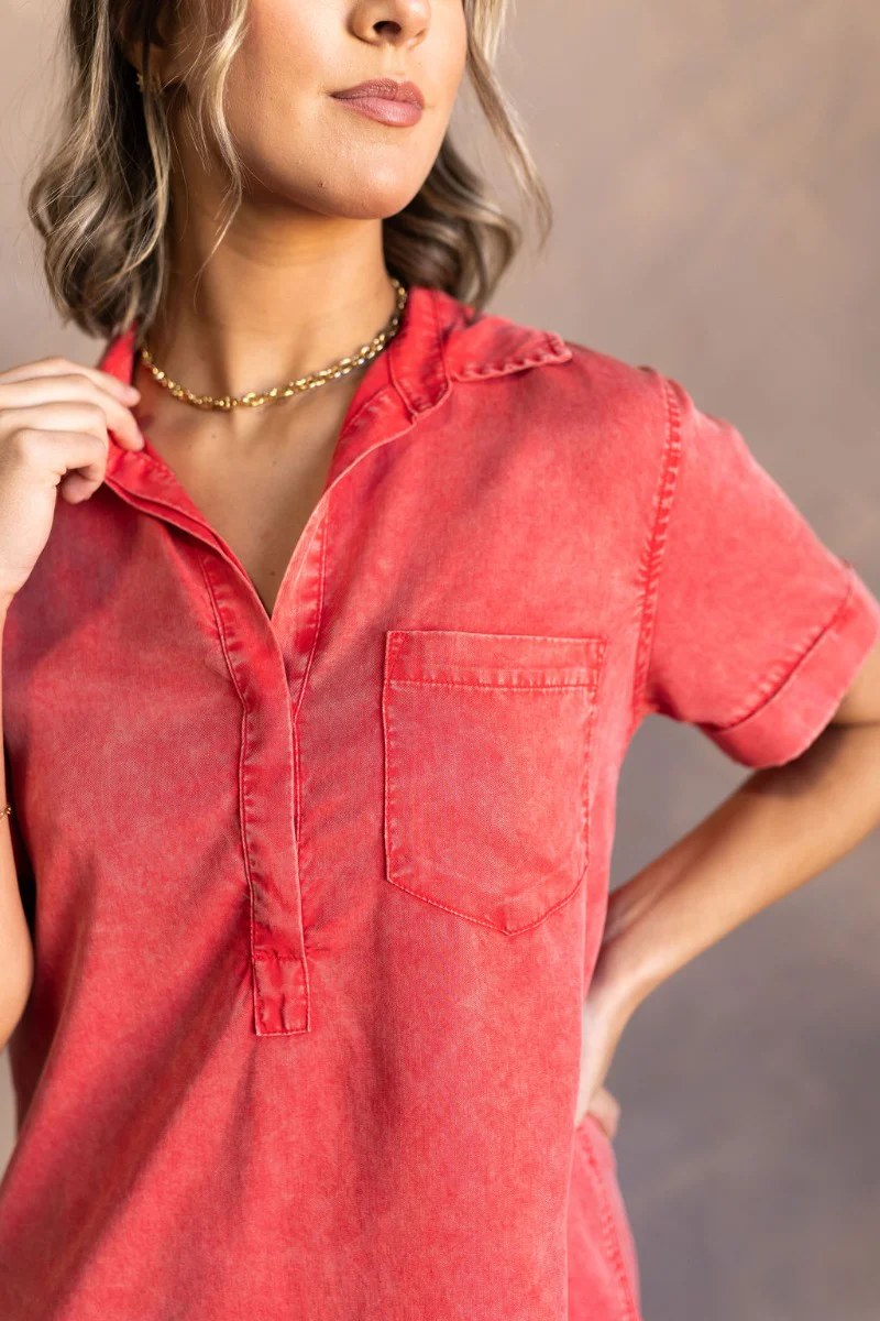 Aubrie Washed Red Short Sleeve Mini Dress - Image 4