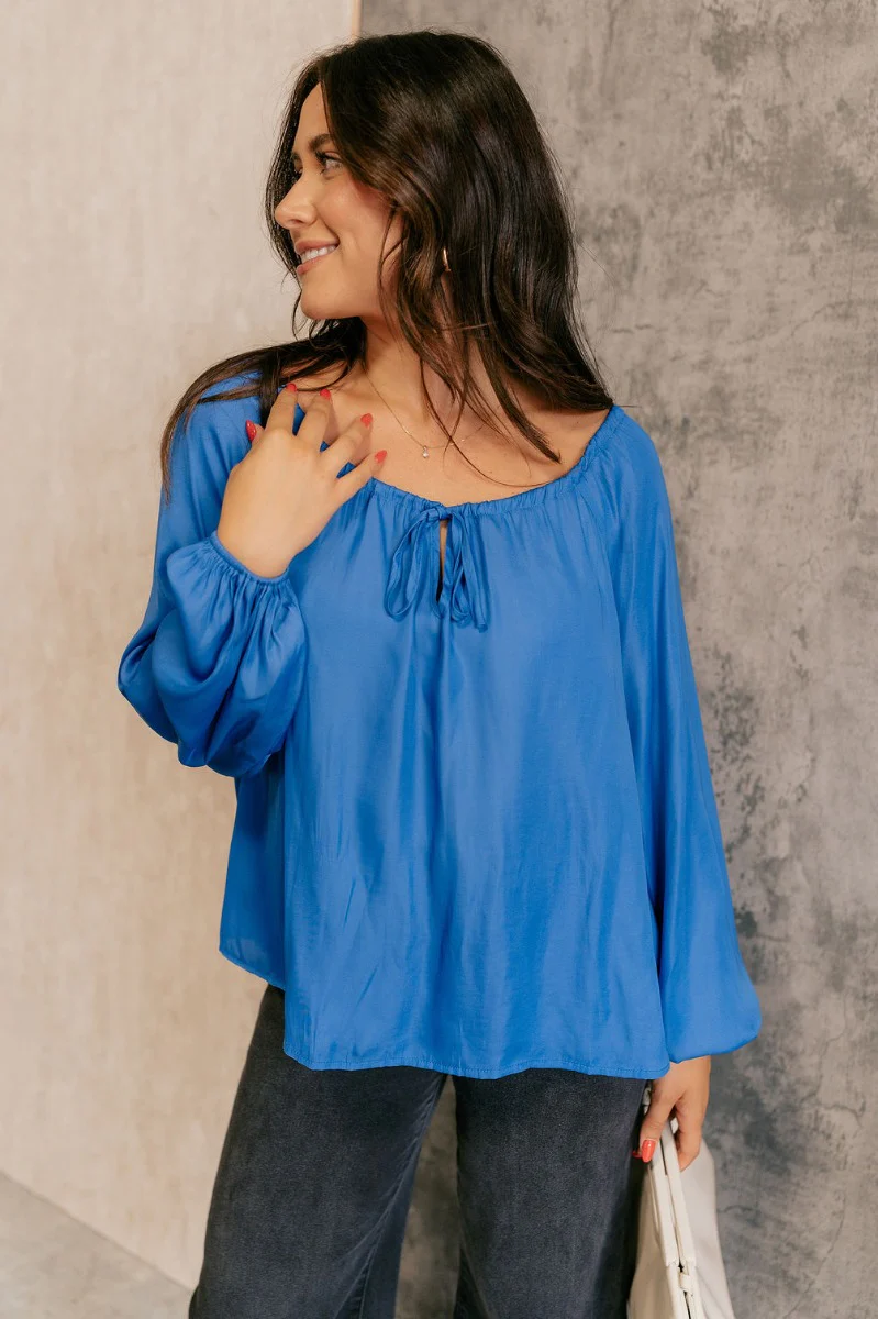 Audrey Blue Satin Adjustable Neckline Long Sleeve Top - Image 7