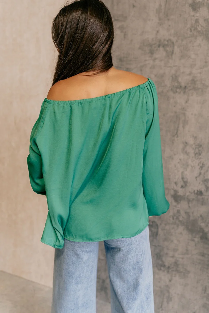 Audrey Green Satin Adjustable Neckline Long Sleeve Top - Image 4