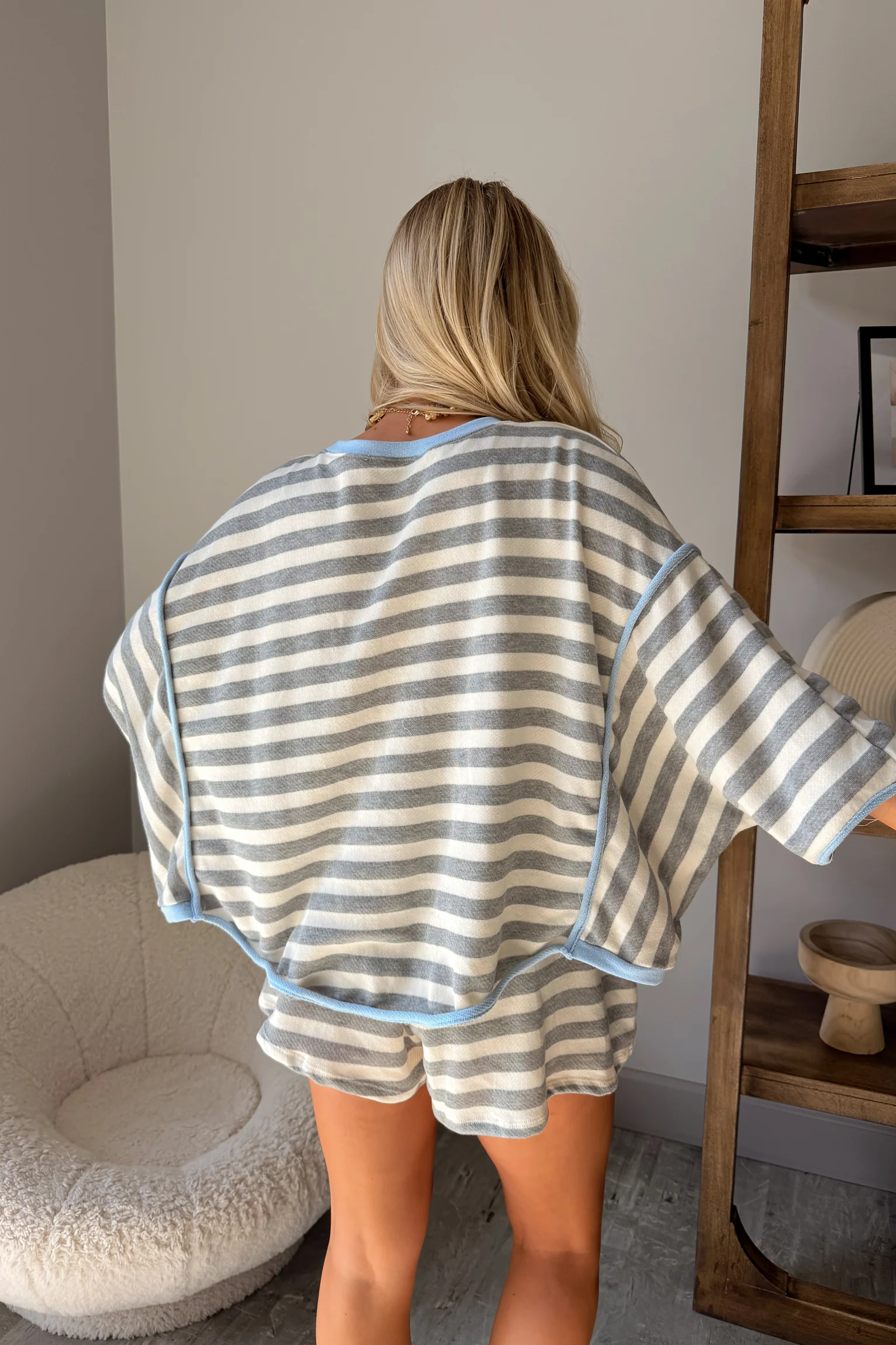Audrey Grey & White Stripe Short Sleeve Top - Image 4
