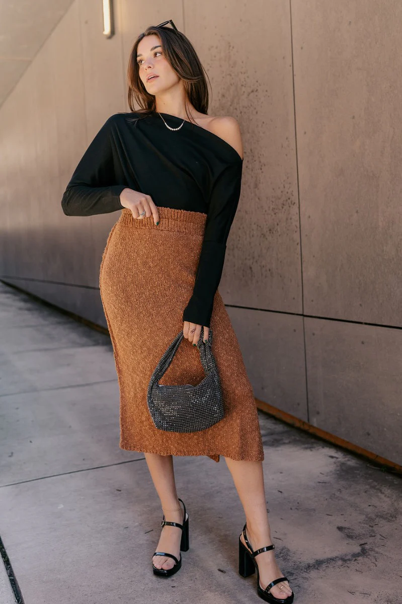Audrey Light Brown Textured Midi Skirt