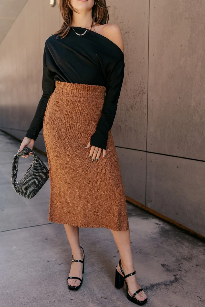 Audrey Light Brown Textured Midi Skirt - Image 2