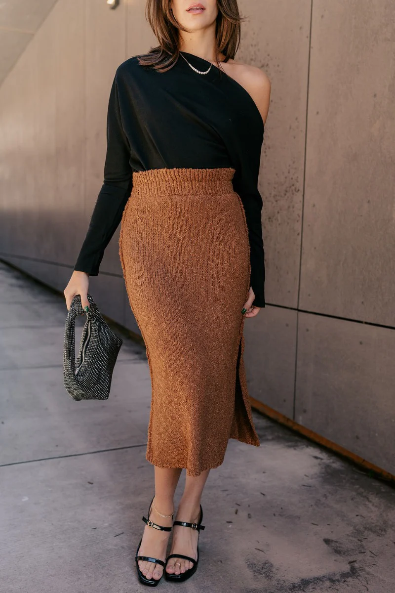Audrey Light Brown Textured Midi Skirt - Image 3