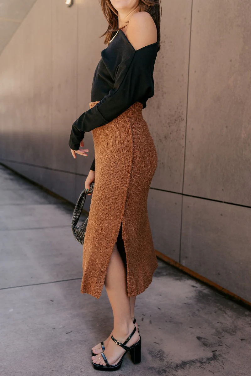 Audrey Light Brown Textured Midi Skirt - Image 4