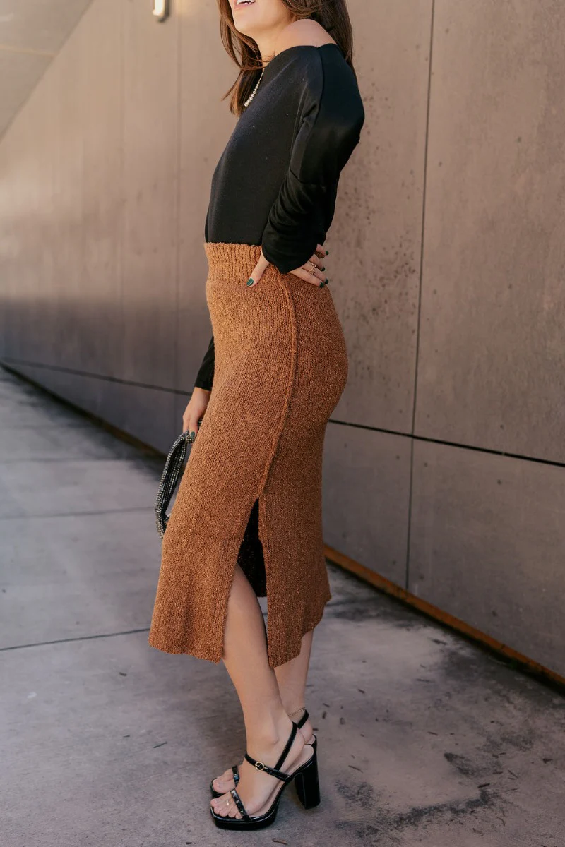 Audrey Light Brown Textured Midi Skirt - Image 5