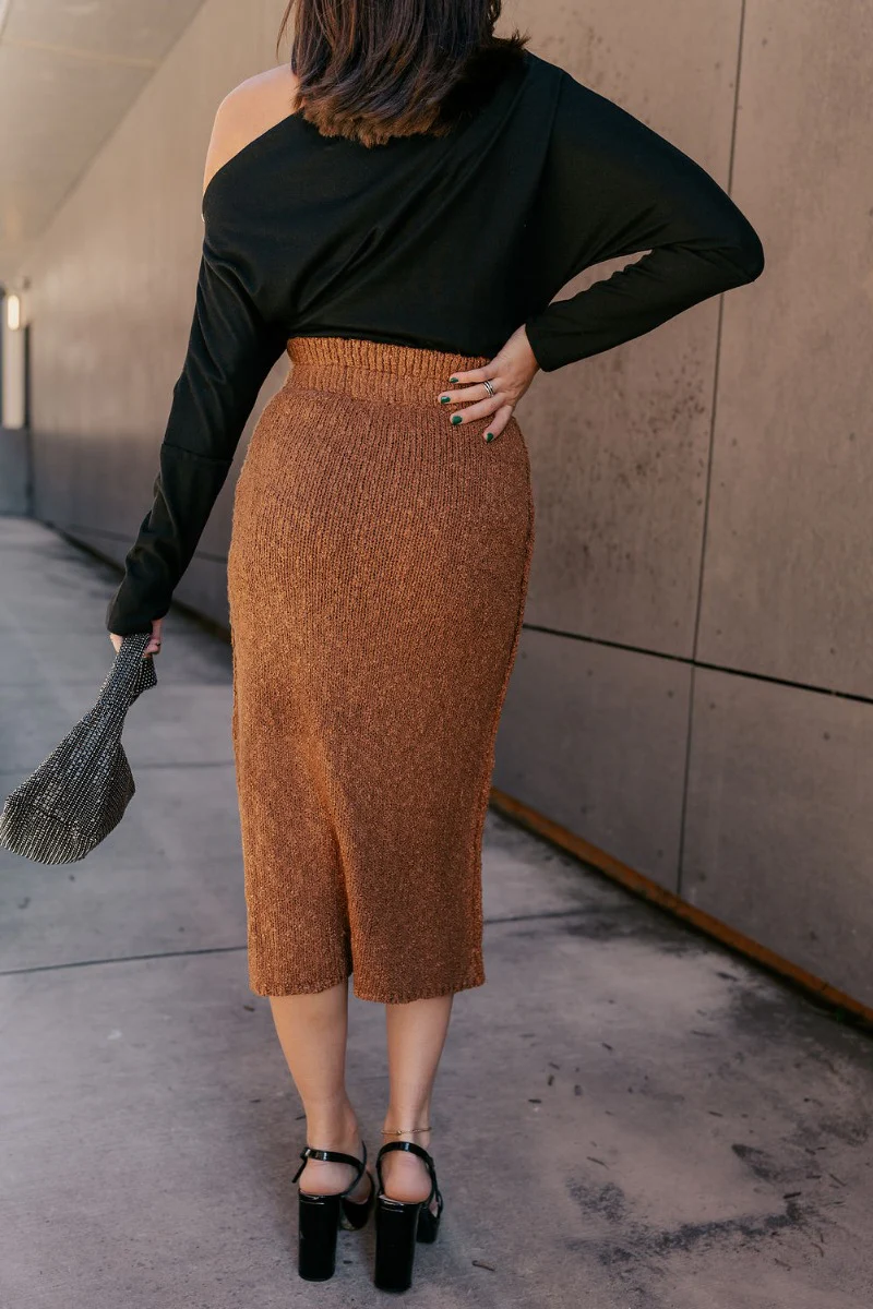 Audrey Light Brown Textured Midi Skirt - Image 6